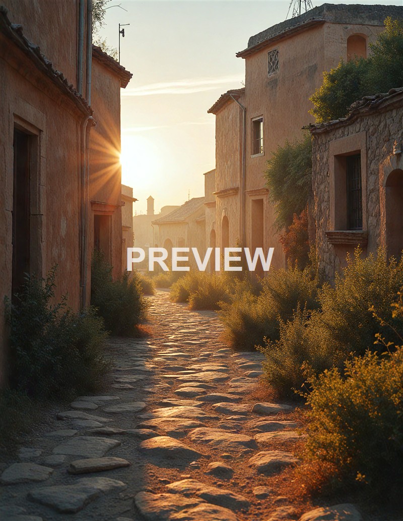 A narrow cobblestone street lined with rustic, pastel-colored houses illuminated by the warm glow of the setting sun, with some greenery growing alongside the buildings.